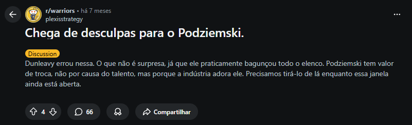 Brandin Podziemski criticado em sub reddit do Warriors